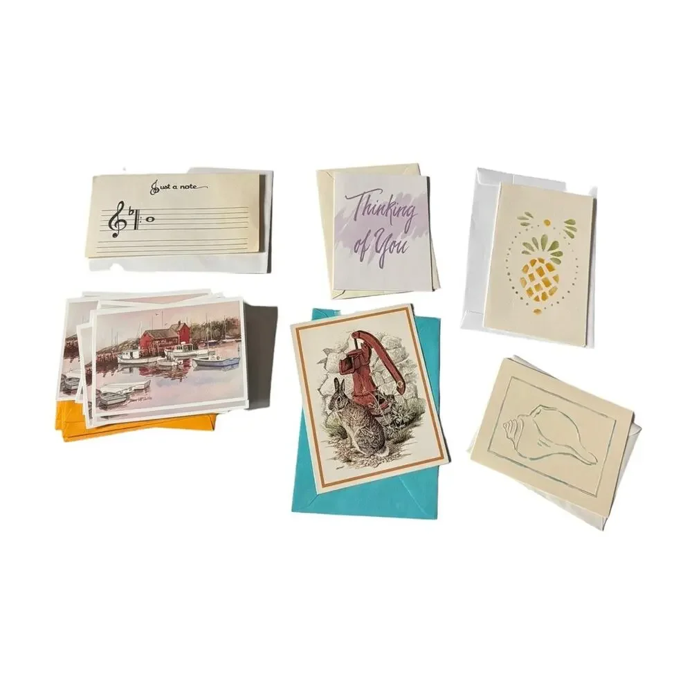 Lot 12 Vintage Blank Note Cards Mixed Themes Cape Shore Boats Rabbit Shell Fruit